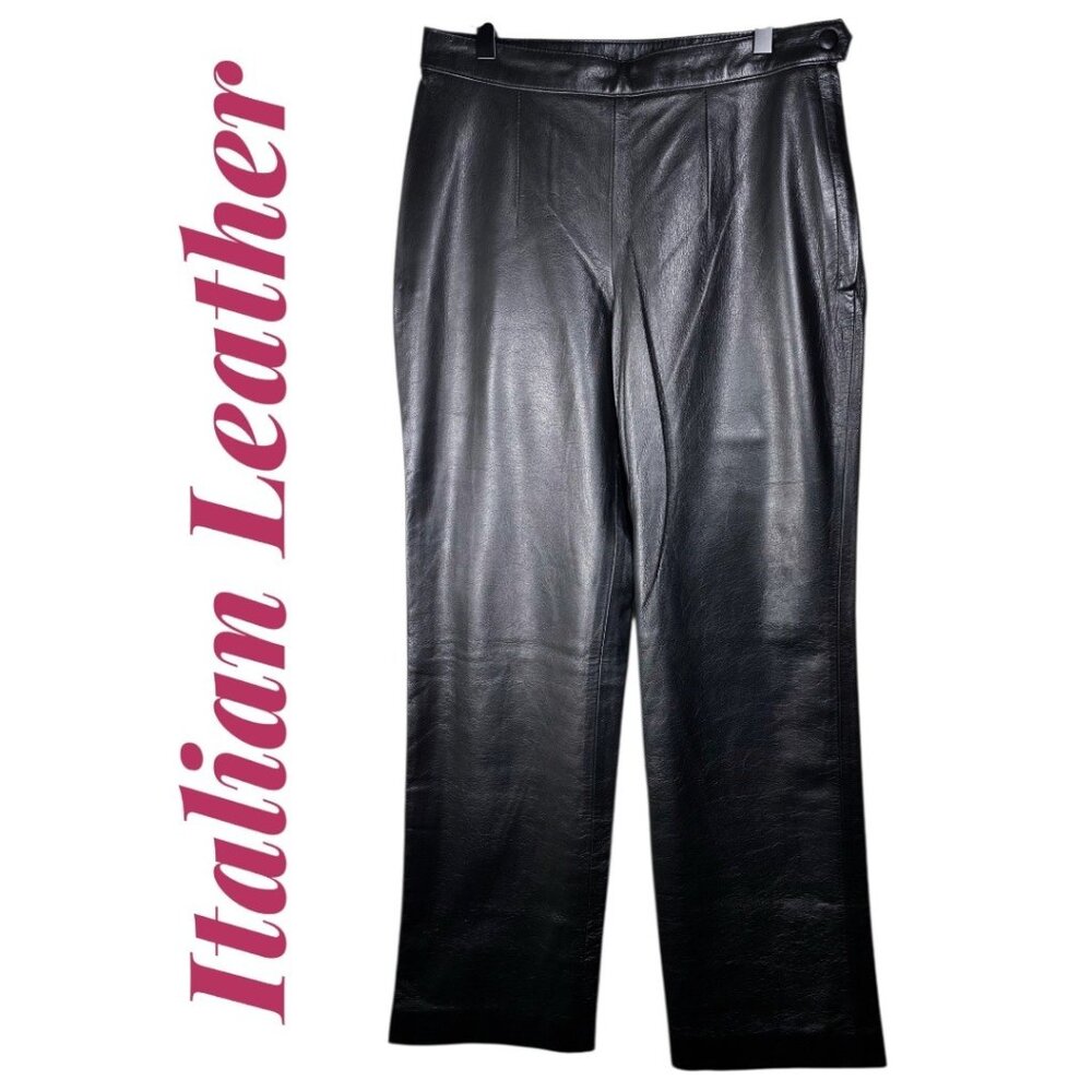 VINTAGE Y2K ITALIAN LEATHER STRAIGHT‎ LEG SIDE ZIP PANTS BLACK,  28 X 30
